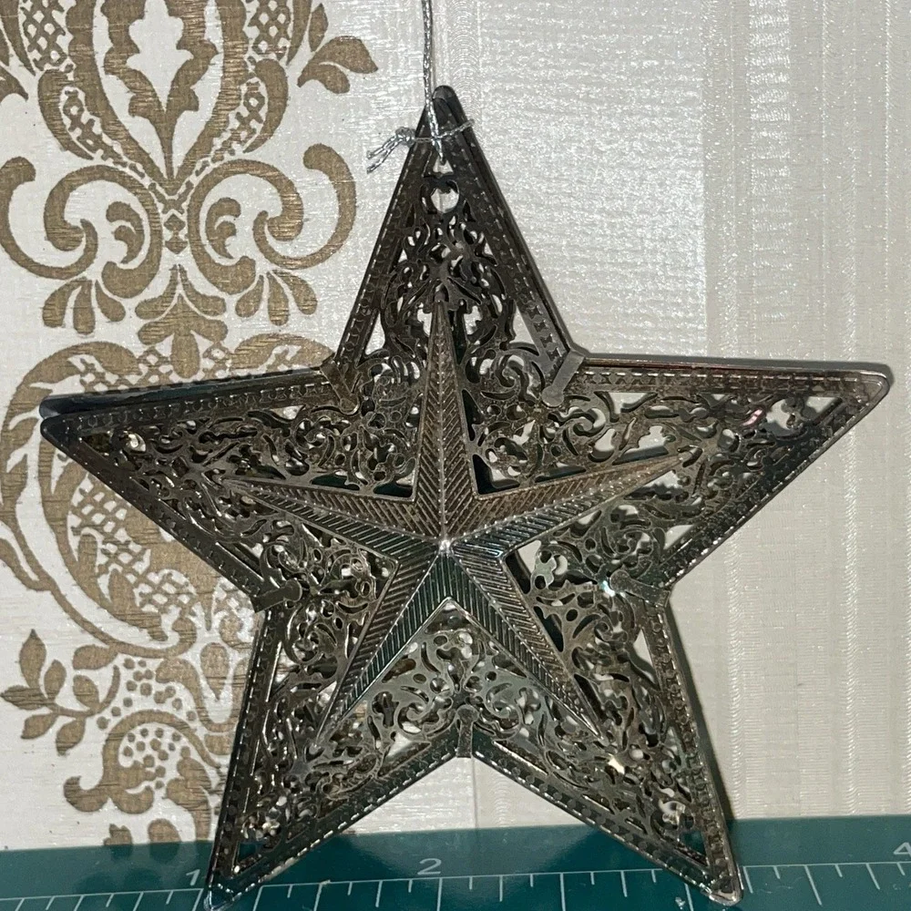 x2 Decorative Star Ornament Silver Colored Metal Intricate Punched Tin Filigree